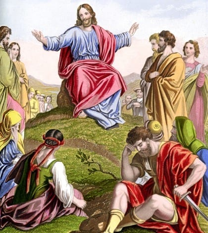 Vintage colour lithograph from 1880 showing a biblical scene from the New Testament,  Jesus Christ giving the Sermon on the Mount