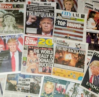 London, England - November 10, 2016: British newspaper front pages reporting on the US presidential election result in which Donald Trump became the 45th president of the United States.