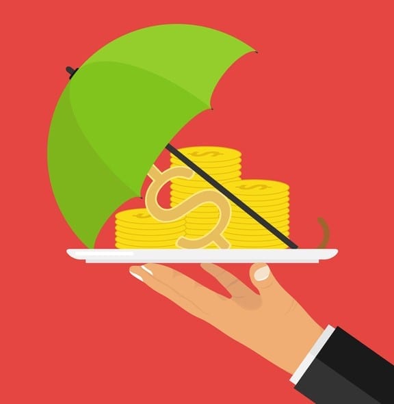 Concept of money protection. The hand holds a tray with money covered with an umbrella. Flat design, vector illustration, vector.