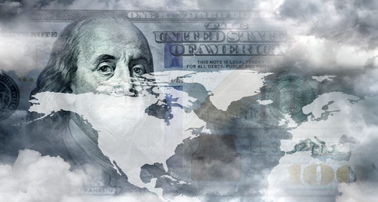 Silhouette map of U.S. superimposed over image of Ben Franklin ion currency