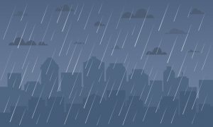 Illustration - city skyline with big raindrops in foreground.