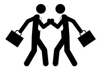 Silhouette rendering of two businessmen with briefcases either squaring off or shaking hands, it's hard tdo tell.