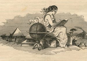 Ink sketch of a woman drawing, seated next to a globe, pyramid and other archaic objects