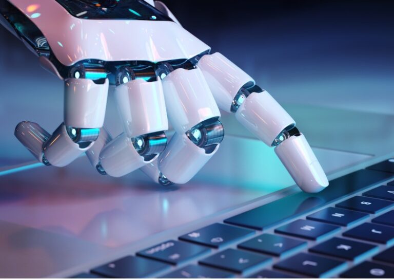 Robot hand typing on keyboard