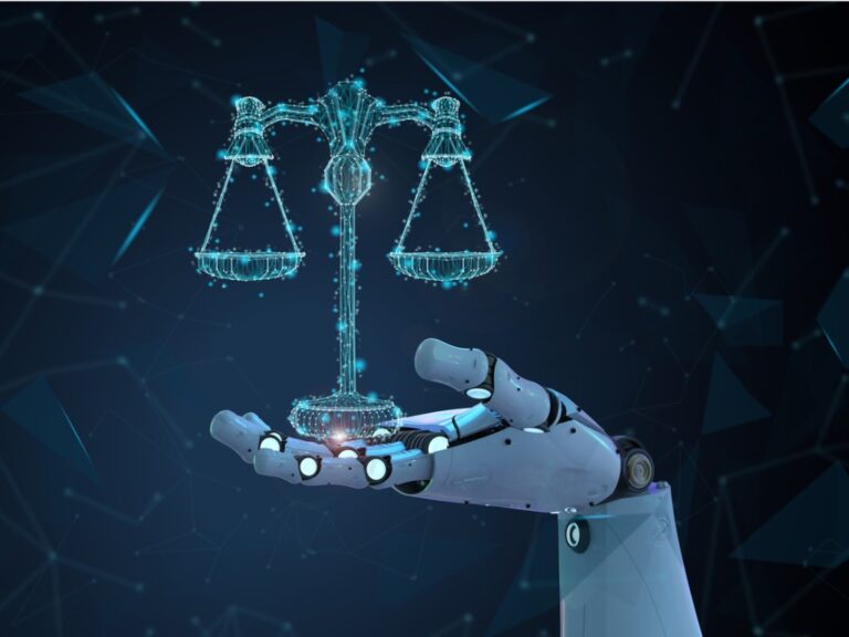 robot hand (ai) holding a hologram of scales of justice