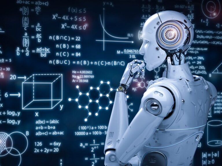 robot looking at chalkboard, ai learning concept