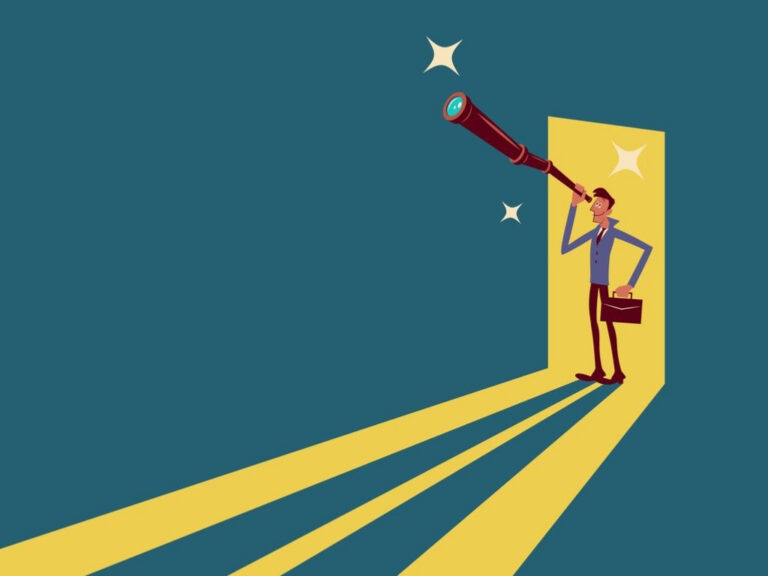 businessman standing at the door and looking through a telescope